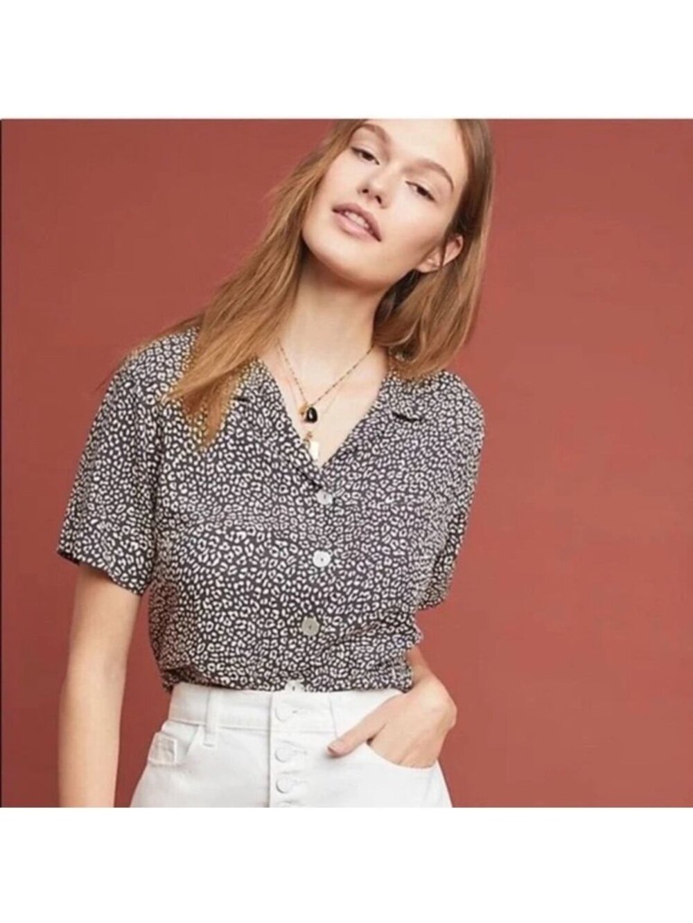 Anthropologie Beachgold Womens Sz S/M Top Rayon Leopard Print Camp Shirt